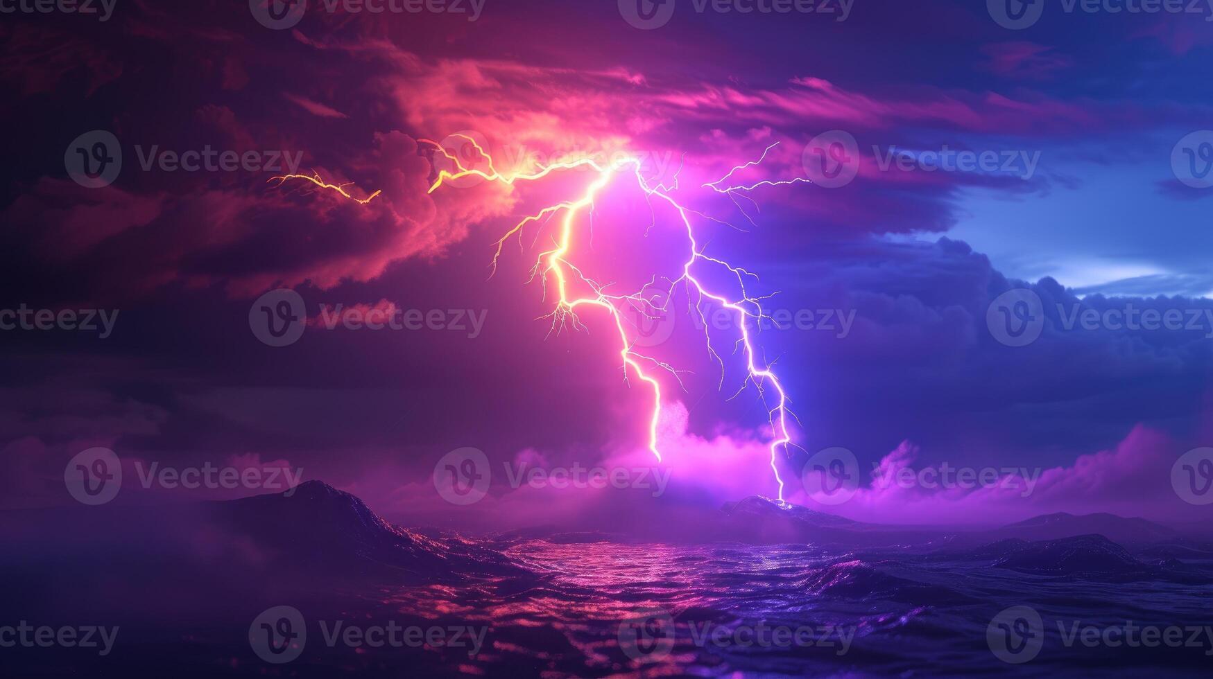 AI generated A vibrant 3D rendering captures the intensity of a colored lightning strike. Dynamic, Ai Generated. photo