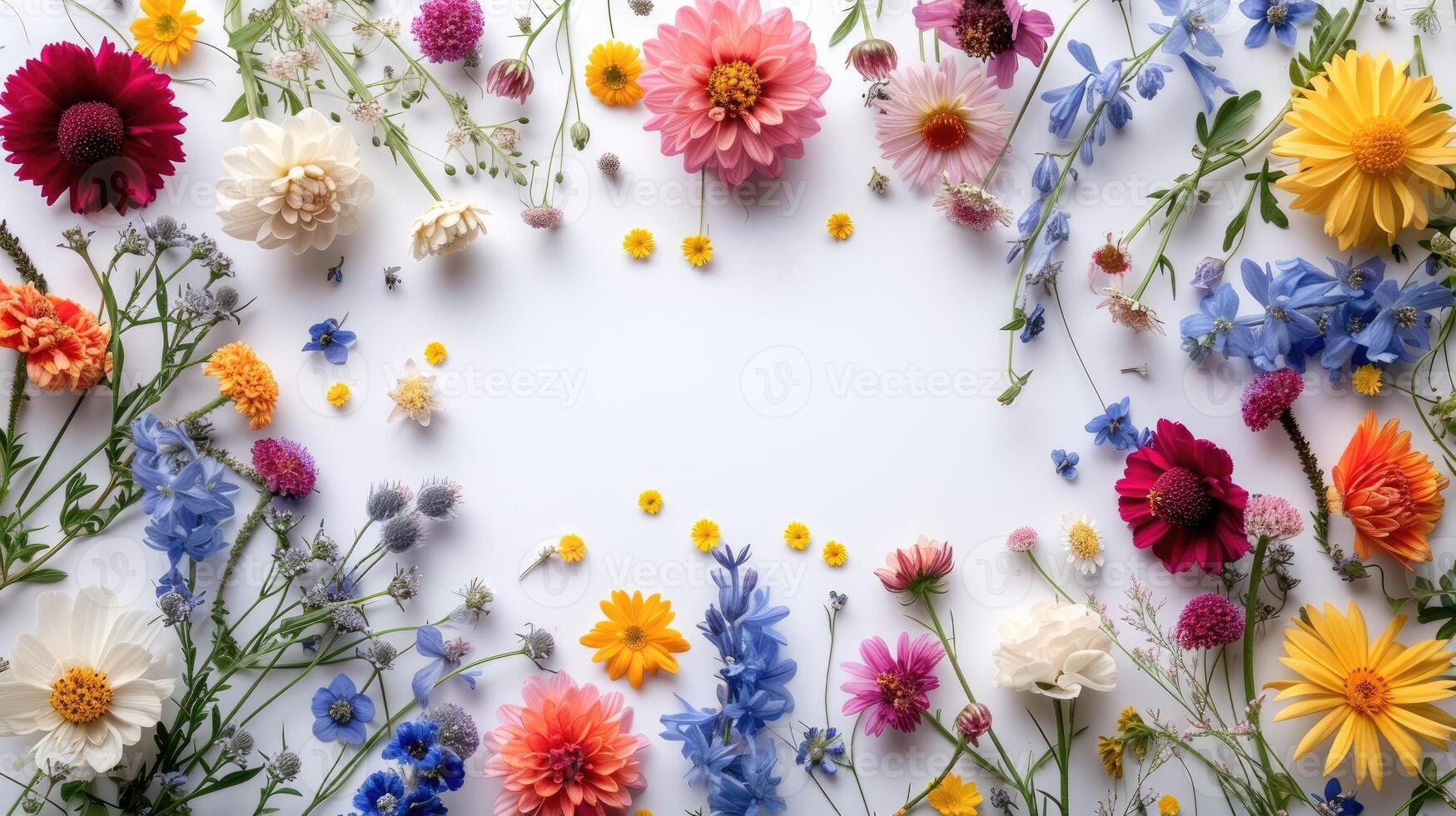 AI generated Colorful flowers arranged in a charming frame against a clean white background, Ai Generated. photo