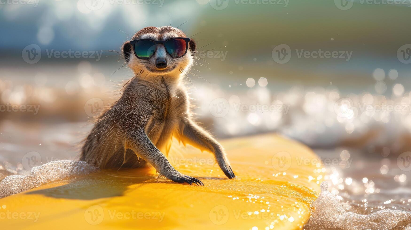 AI generated A cute Meerkat surfer enjoys a fun-filled summer day at the beach, riding waves with enthusiasm, Ai Generated. photo