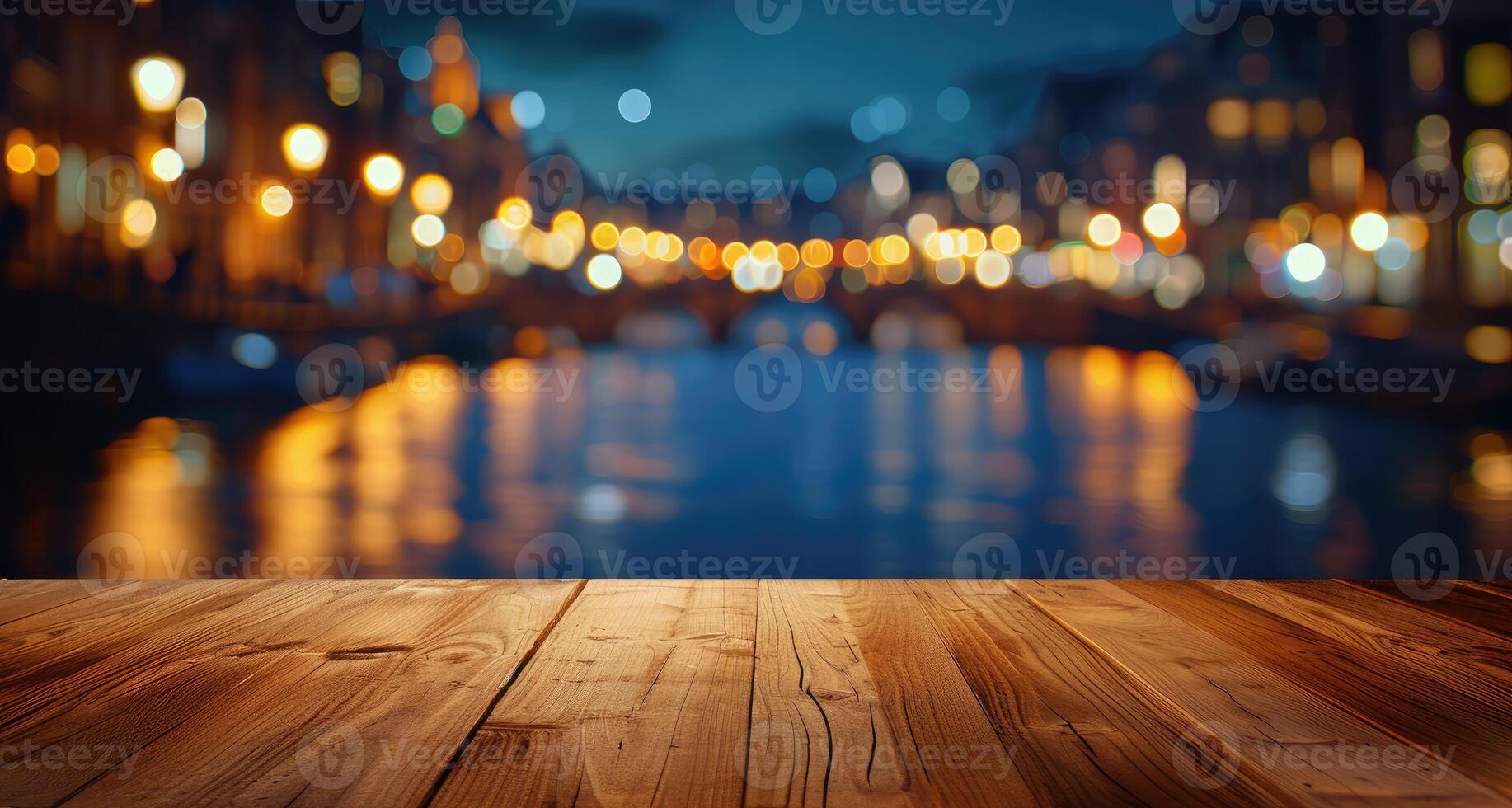 AI generated A coffee house's empty wooden table overlooks a blurred European city at night, Ai Generated. photo