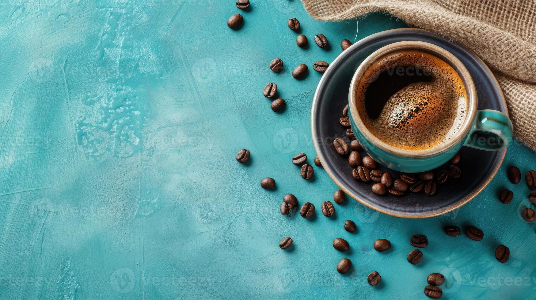 AI generated Aromatic Coffee Cup Amidst Beans on Blue Background, Ai Generated photo