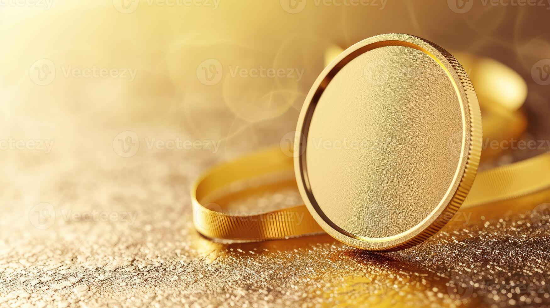 AI generated Close-up of a gold medal with ribbon, highlighting its prestigious blank surface. Ai Generated. photo