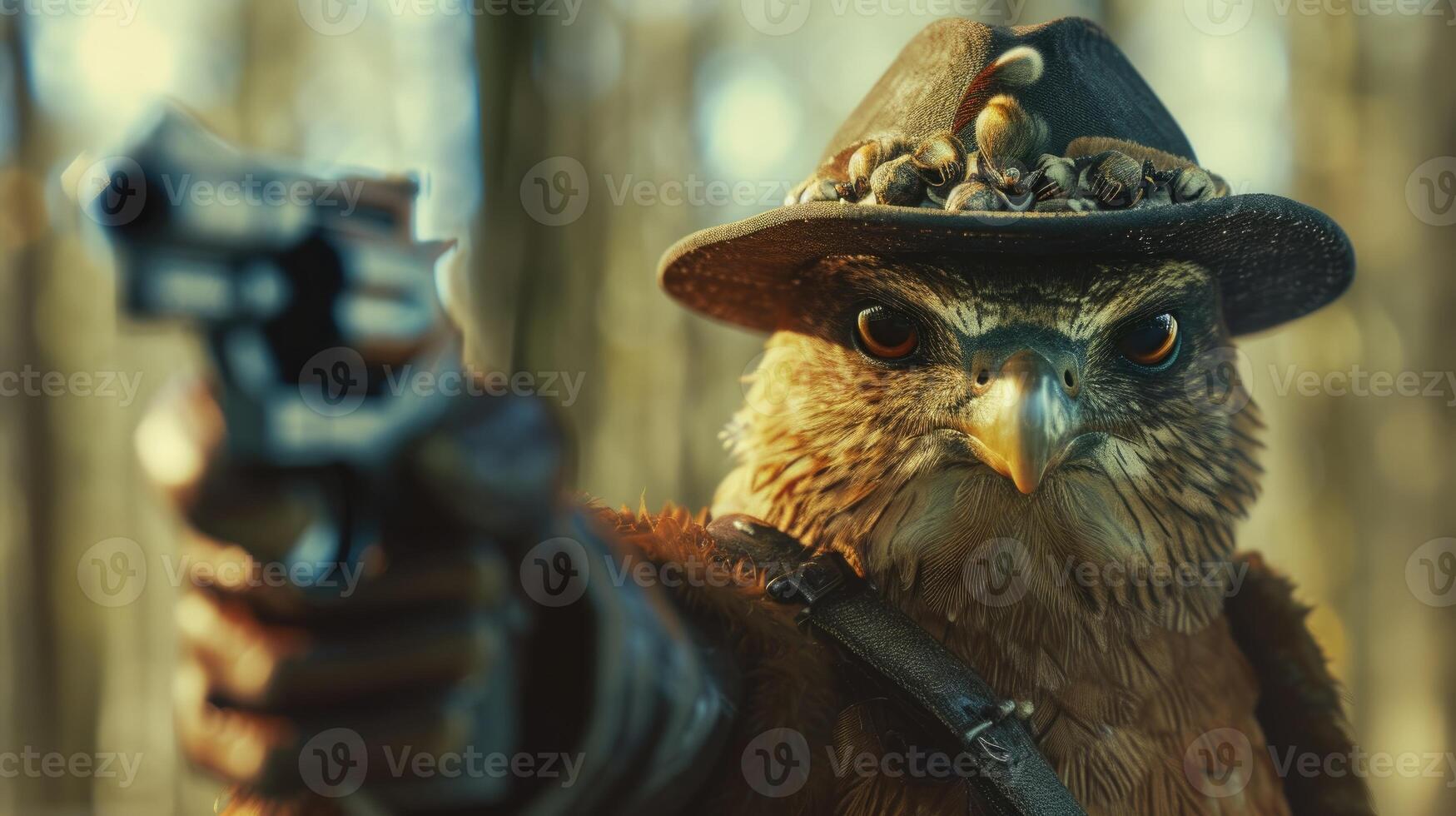AI generated a bird in a hat brandishing a gun. Ai Generated. photo