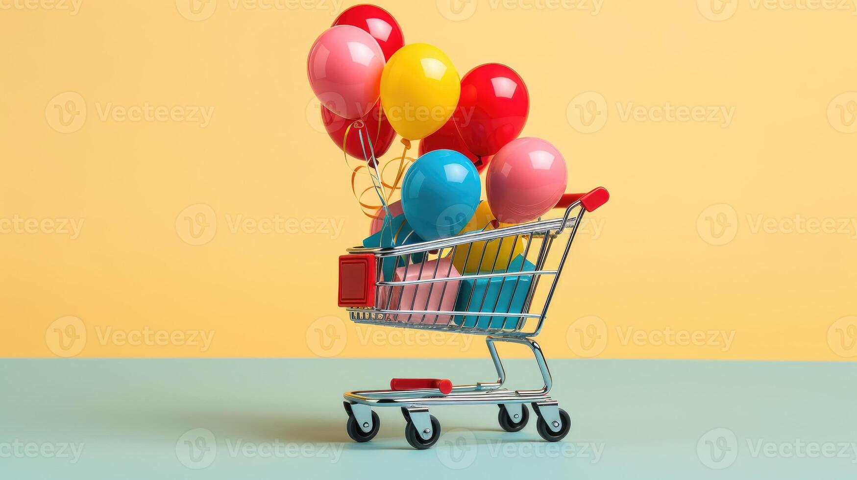 AI generated Miniature house adorned with colorful balloons rests in a shopping cart, evoking playful charm. Ai Generated. photo