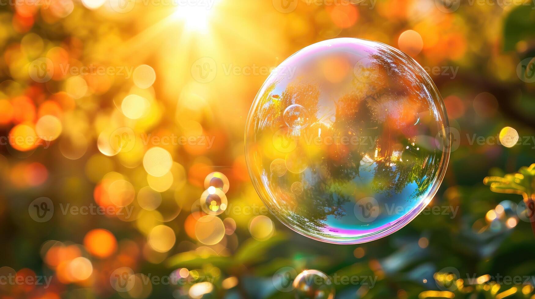 AI generated A soap bubble shines in the evening sunset light, creating an abstract bokeh background. Ai Generated. photo