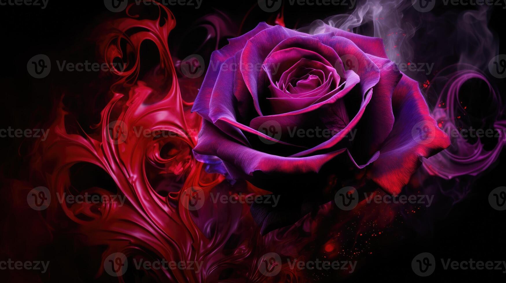 ai generado un púrpura Rosa envuelto en rojo fumar remolino, creando un cautivador escena en un negro antecedentes. ai generado. foto