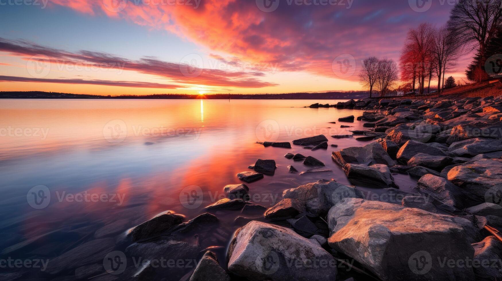 AI generated Stones rest in the lake, embraced by the gentle hues of sunrise in a captivating landscape. Ai Generated. photo
