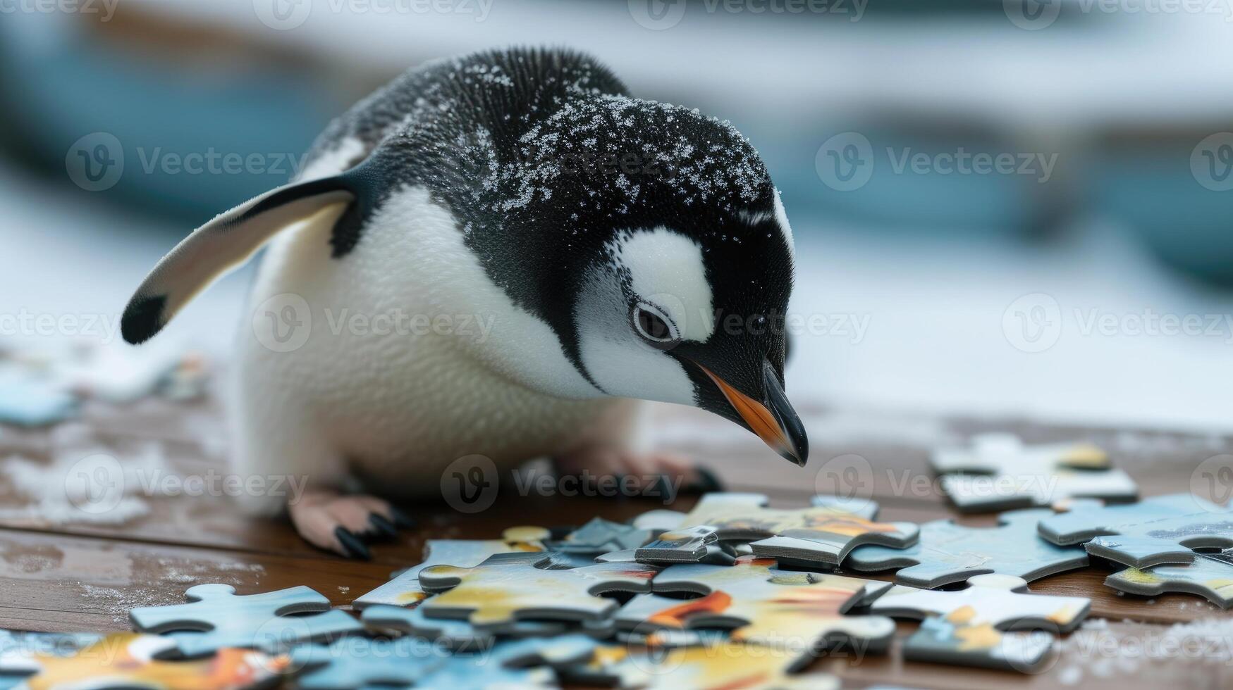 ai generado encantador parte superior ver de un linda pingüino comprometido en un rompecabezas rompecabezas, juguetón y elegante. ai generado foto