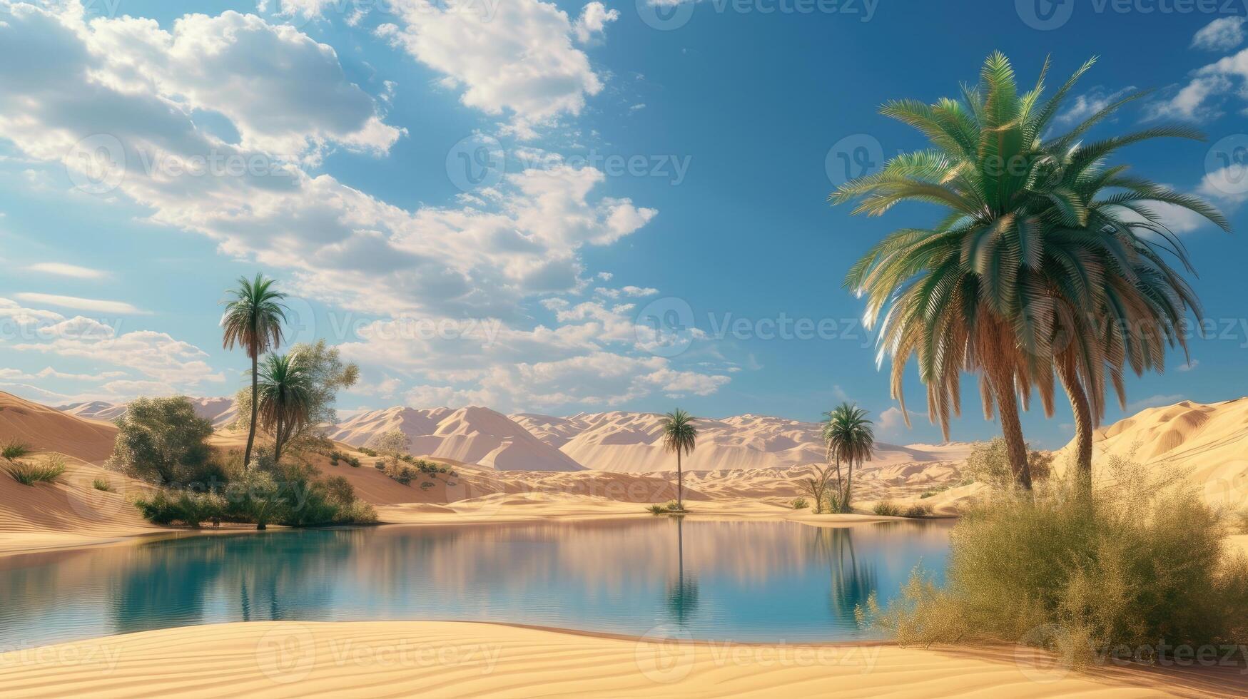 AI generated Serene oasis emerges in the desert of sand, offering a peaceful respite amidst arid landscapes. Ai Generated photo