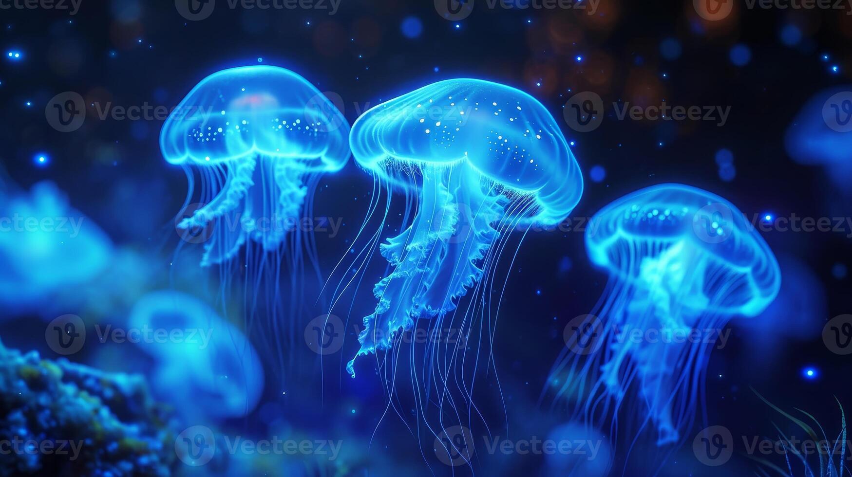 AI generated Bioluminescent blue and teal glowing jellyfish illuminate the underwater ocean, surrounded by marine life, Ai Generated. photo