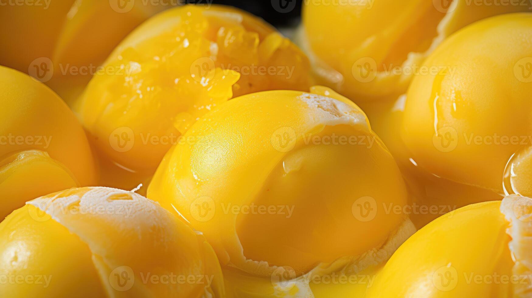 AI generated Close-up of vibrant yellow mango ice cream balls, tempting and refreshing, Ai Generated. photo