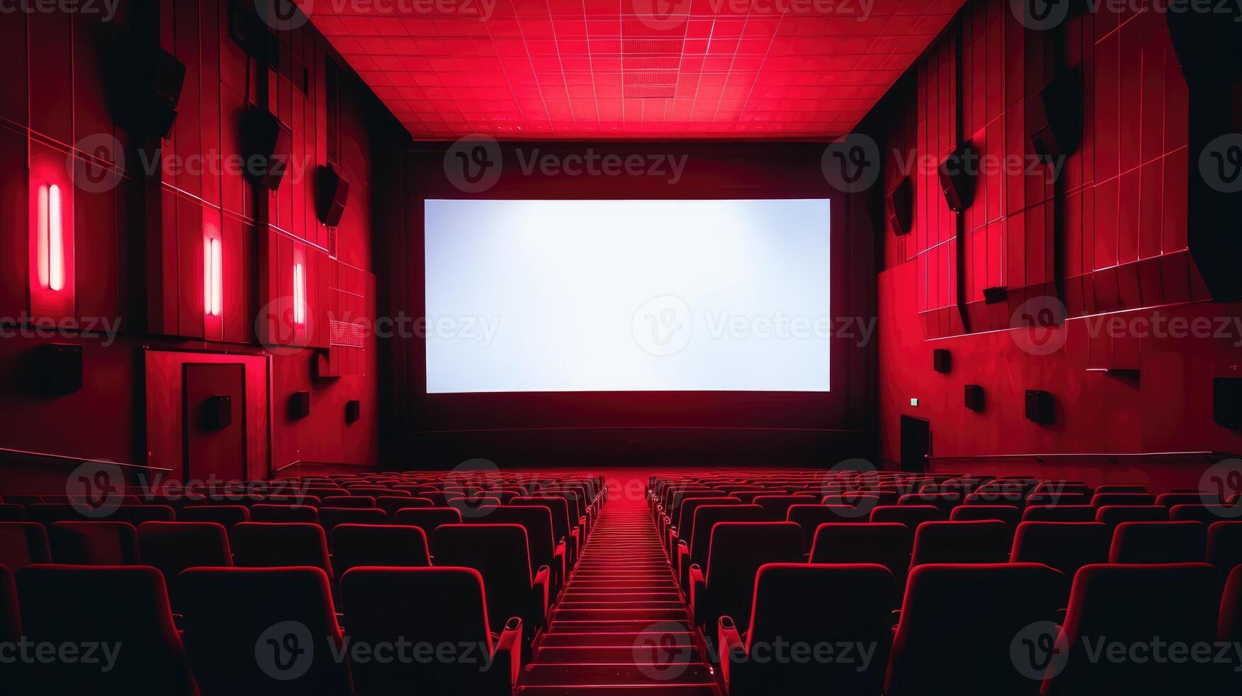 AI generated The empty cinema hall features a striking red color scheme and a white blank screen, Ai Generated. photo
