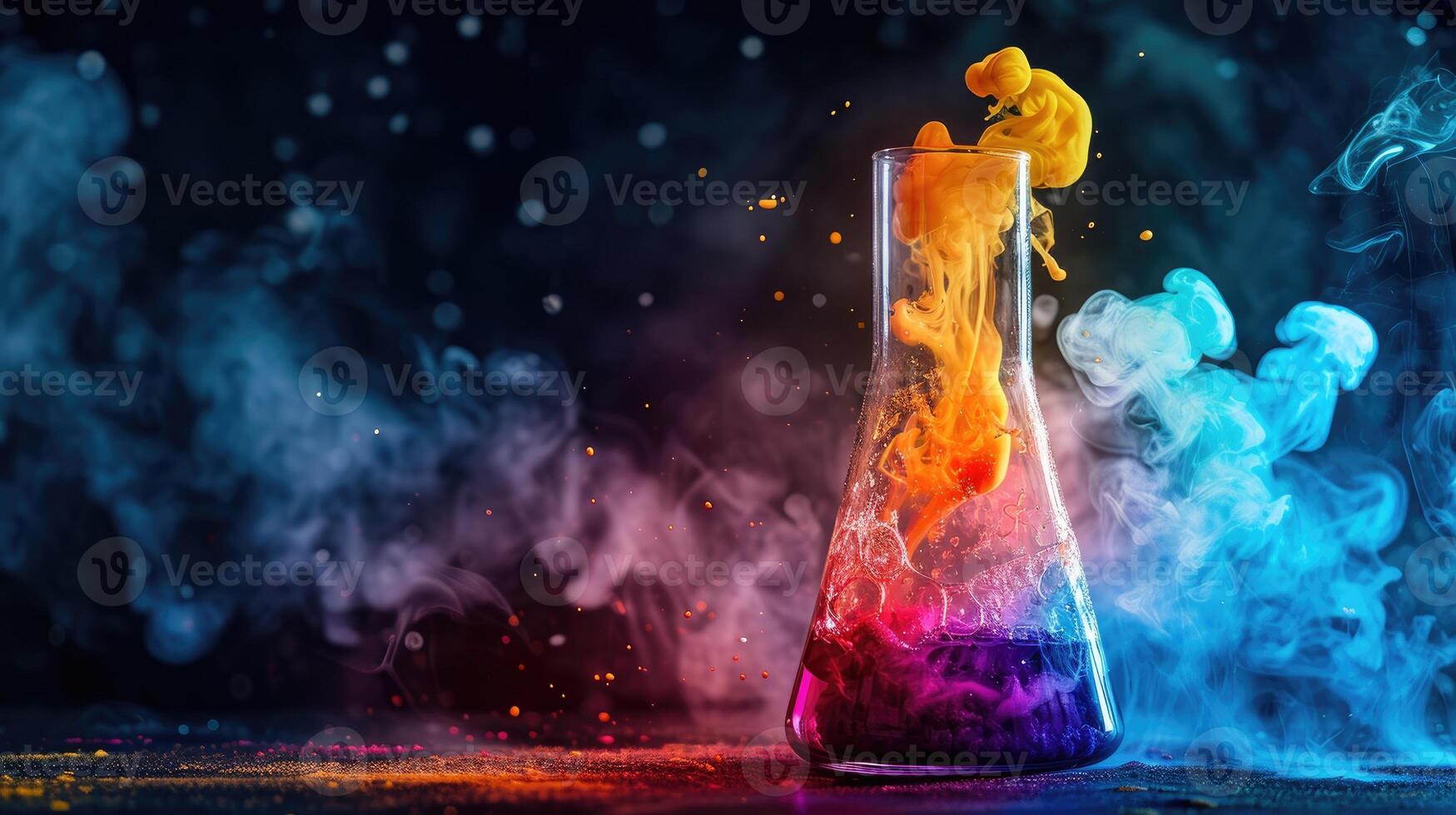 AI generated Vibrant chemical reaction in a beaker against a dark background, creating captivating hues. Ai Generated. photo