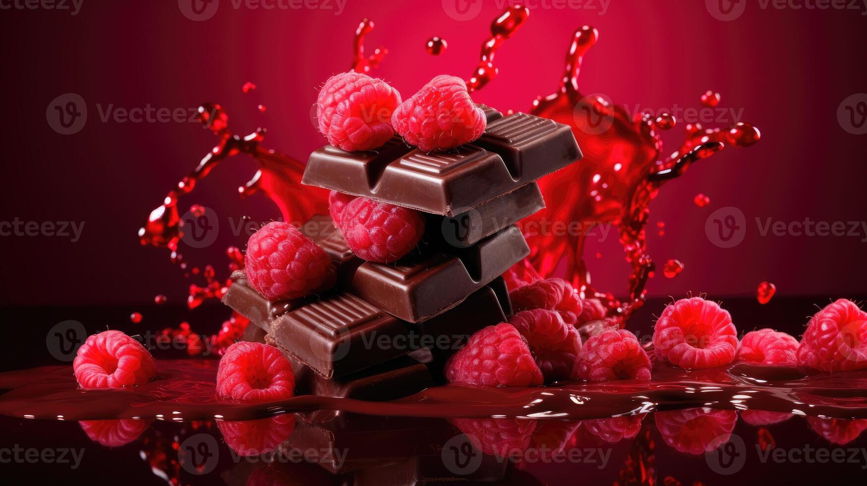 AI generated Dynamic stack of chocolate bars, raspberries, and syrup splash on a vibrant red backdrop. Ai Generated photo