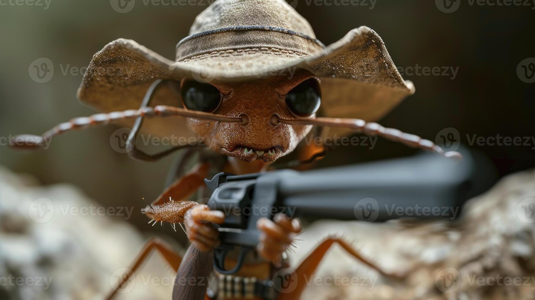 AI generated An ant adorned in a tiny hat, gripping a gun with unexpected defiance and humor, Ai Generated. photo