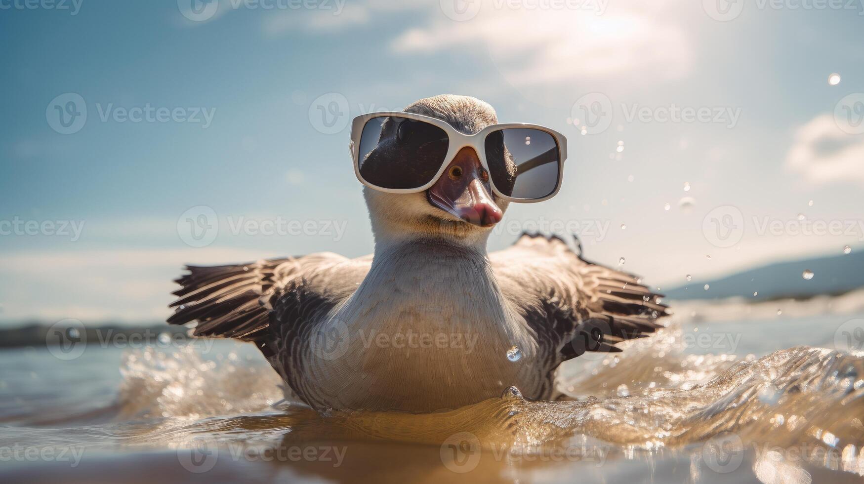 AI generated Experience the intensity of an goose leaping onto the beach in a stunning close-up photo, Ai Generated. photo