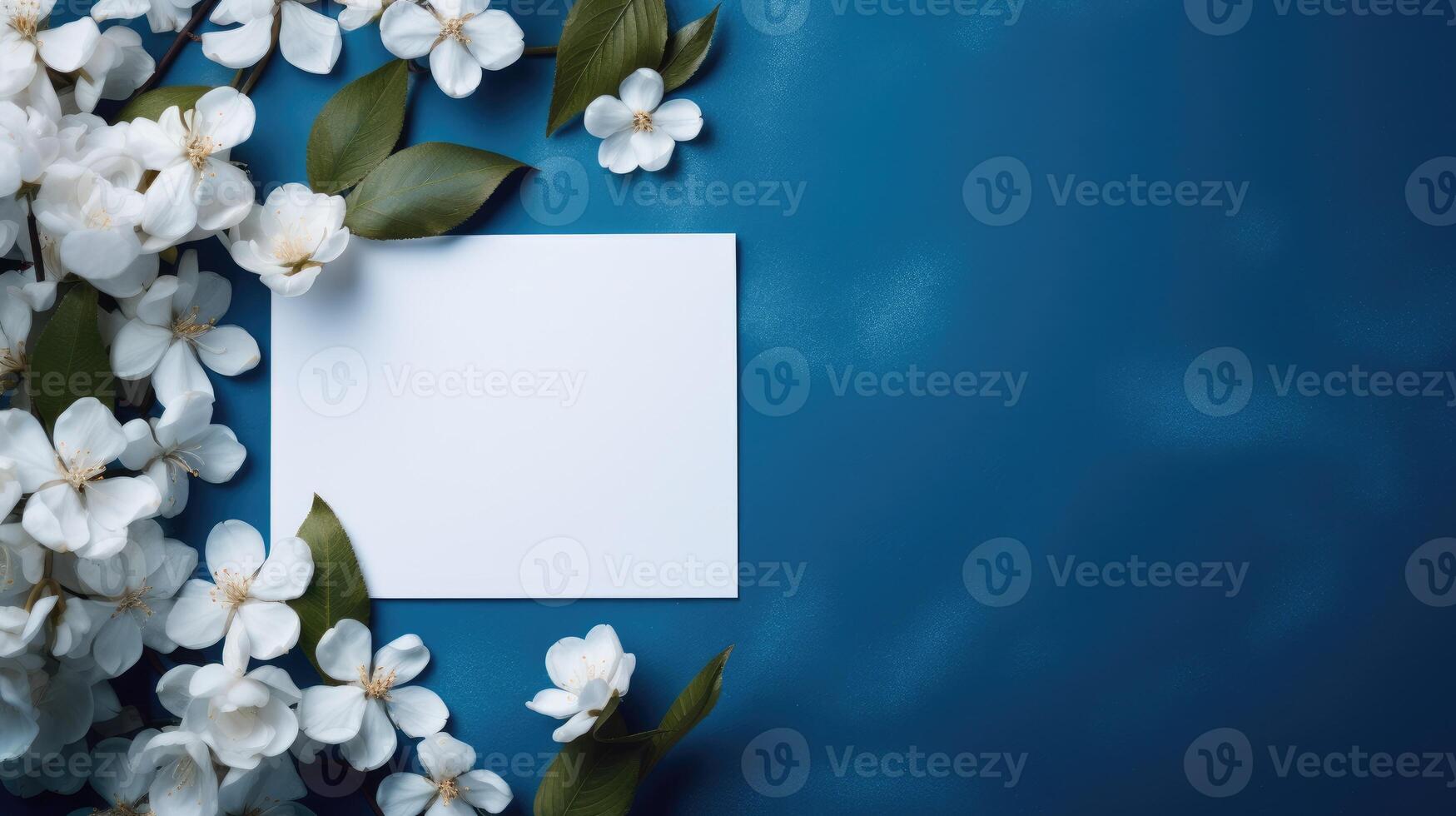 AI generated Sophisticated blue invitation card mockup framed by white flowers. Ai Generated photo