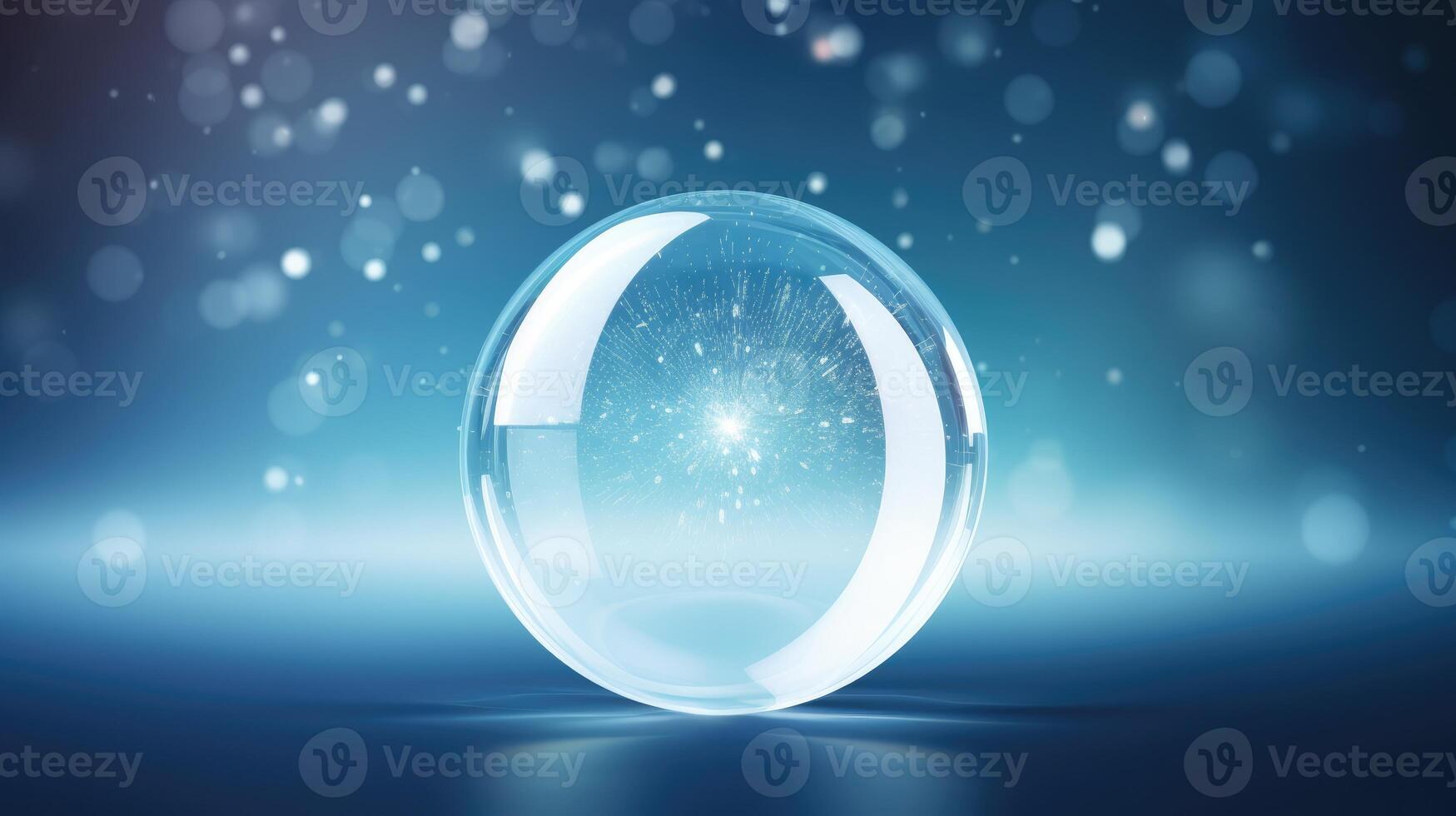 AI generated A glossy crystal glass ball gleams with white particles, offering an empty blank icon for customizable copy space. Ai Generated. photo