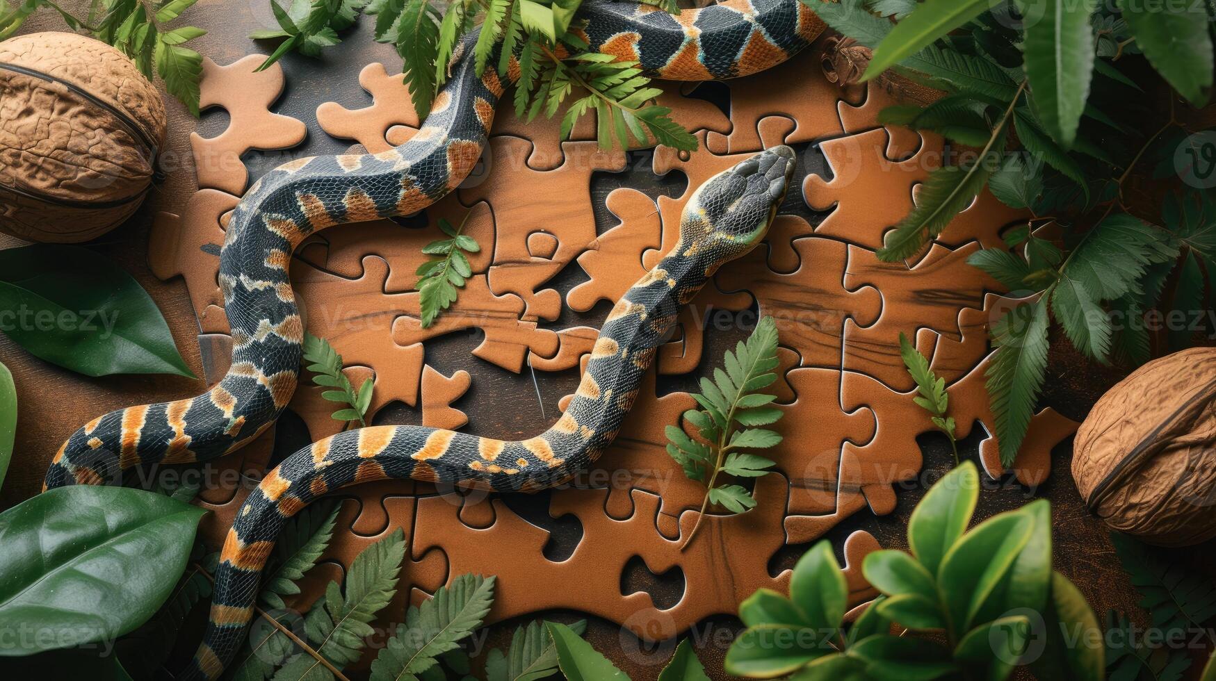 AI generated A cute cobra enjoys a playful jigsaw puzzle challenge. Ai Generated. photo