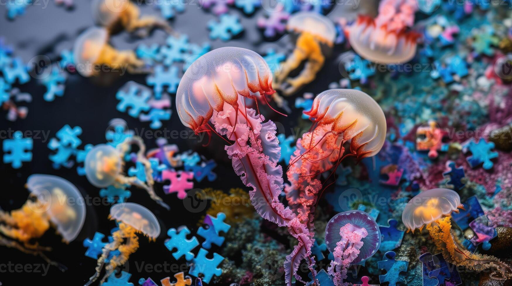 AI generated Cute jellyfish engrossed in a jigsaw puzzle, adding a whimsical touch, Ai Generated. photo