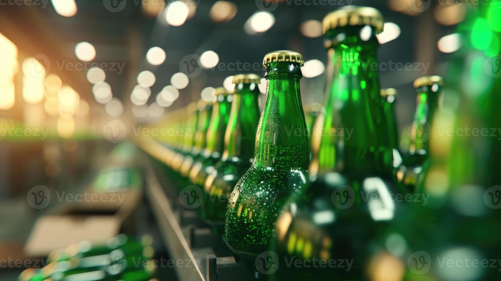 AI generated Array of green beer bottles moving along a production line, embodying the process of brewing excellence. Ai Generated. photo