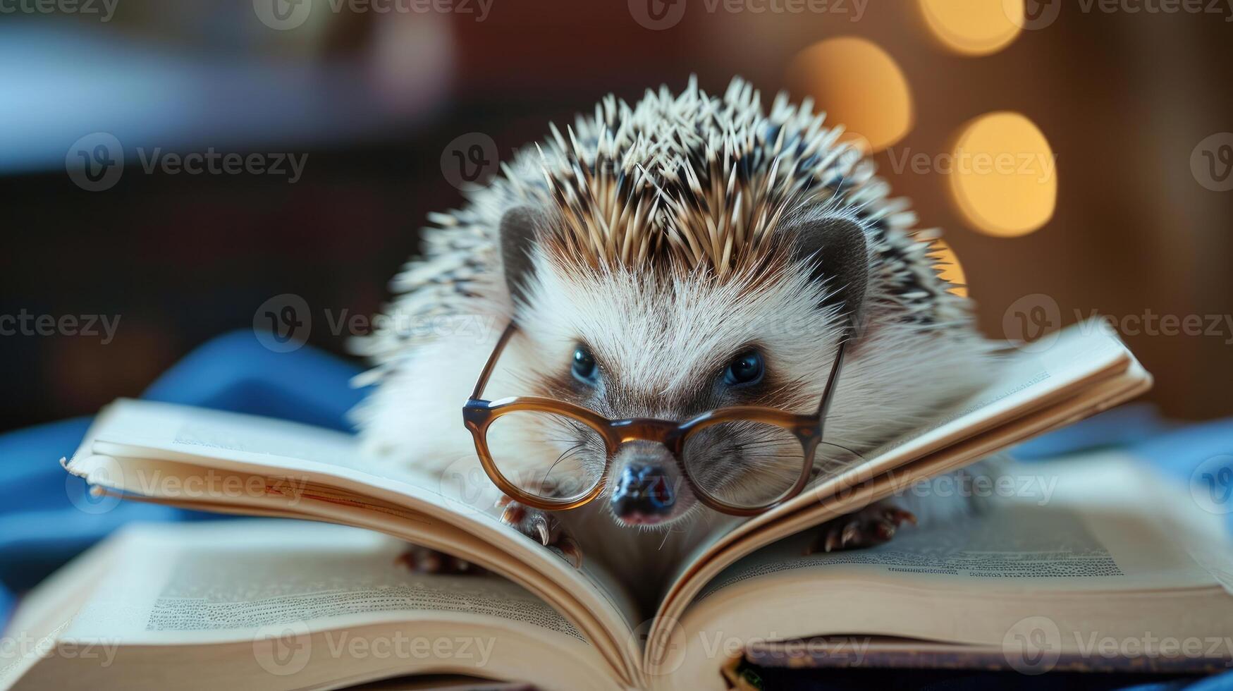 AI generated A cute hedgehog dons glasses, engrossed in a book. Ai Generated. photo