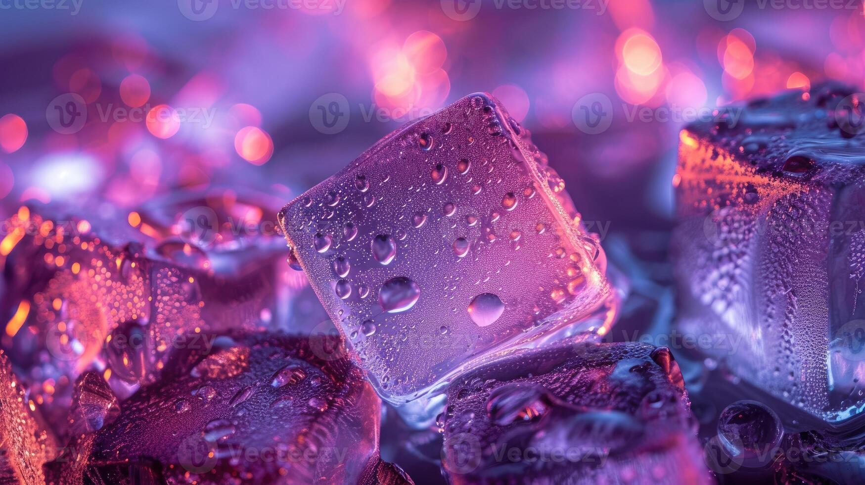 AI generated Illuminated ice cubes, close-up with glistening water droplets, creating a captivating scene. Ai Generated. photo