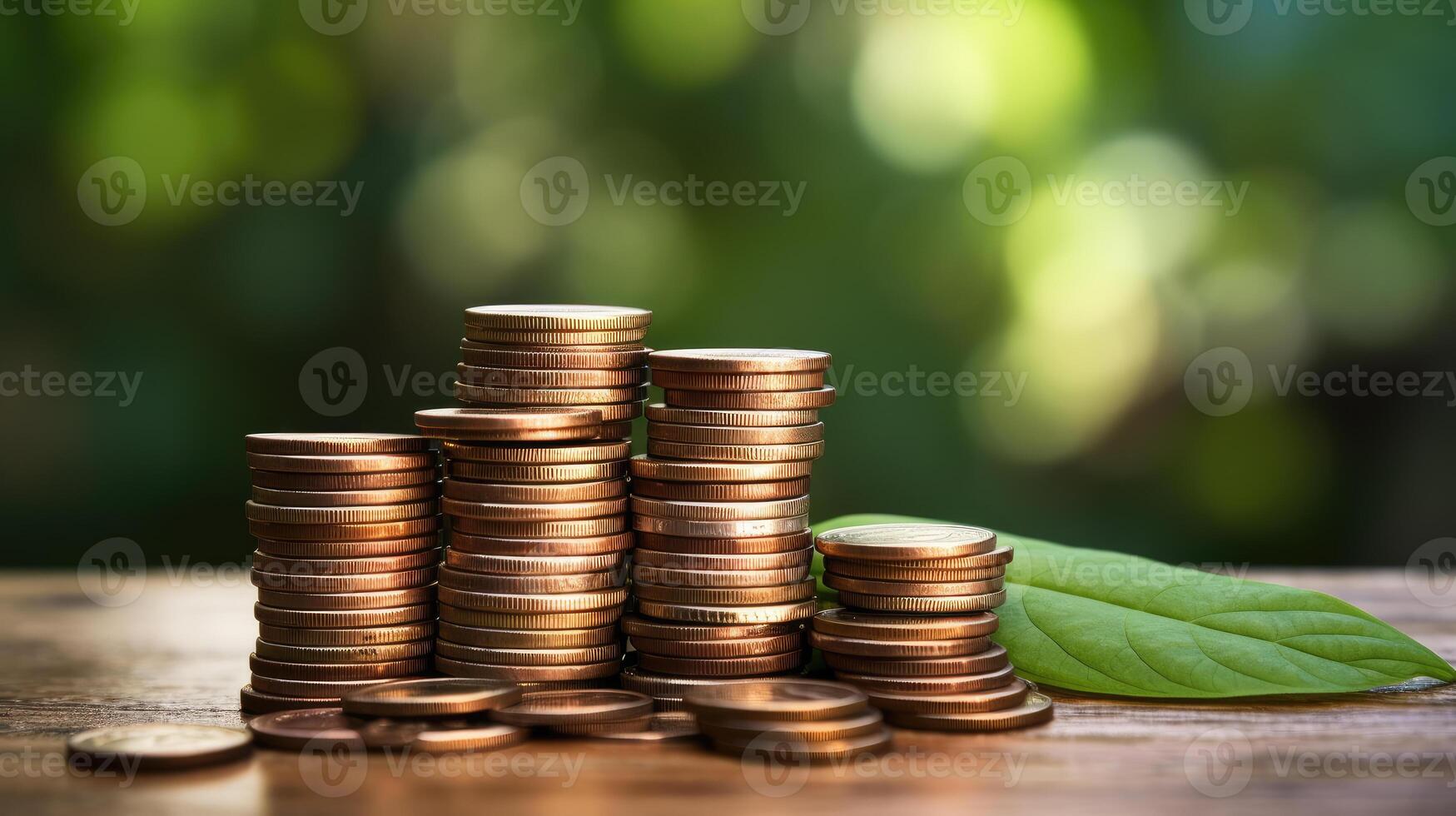 AI generated Coins stacked on wooden table against a green bokeh background, symbolizing prosperity. Ai Generated photo