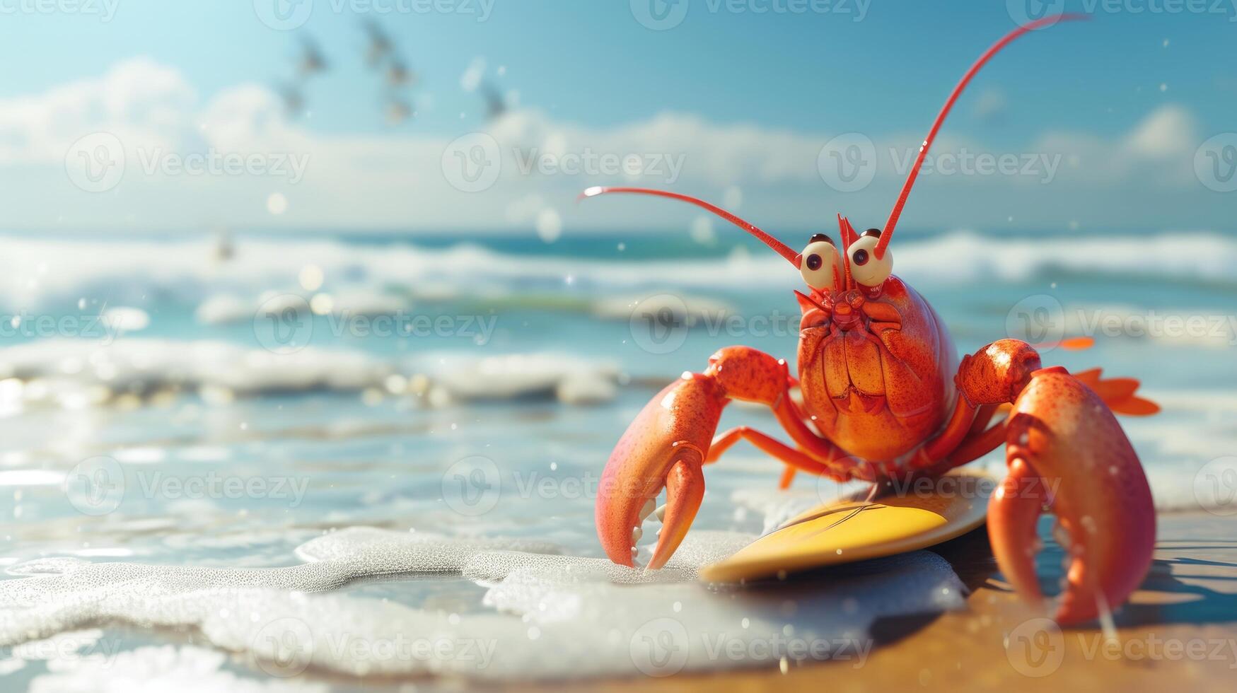 AI generated A cute lobster surfer enjoys a fun-filled summer day at the beach, riding waves with enthusiasm, Ai Generated. photo