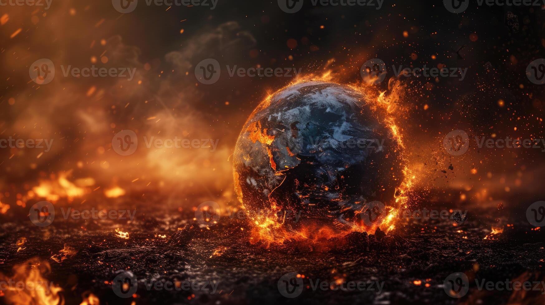 AI generated Witness the Earth globe destroyed by fire, burning on glowing embers. Ai Generated photo