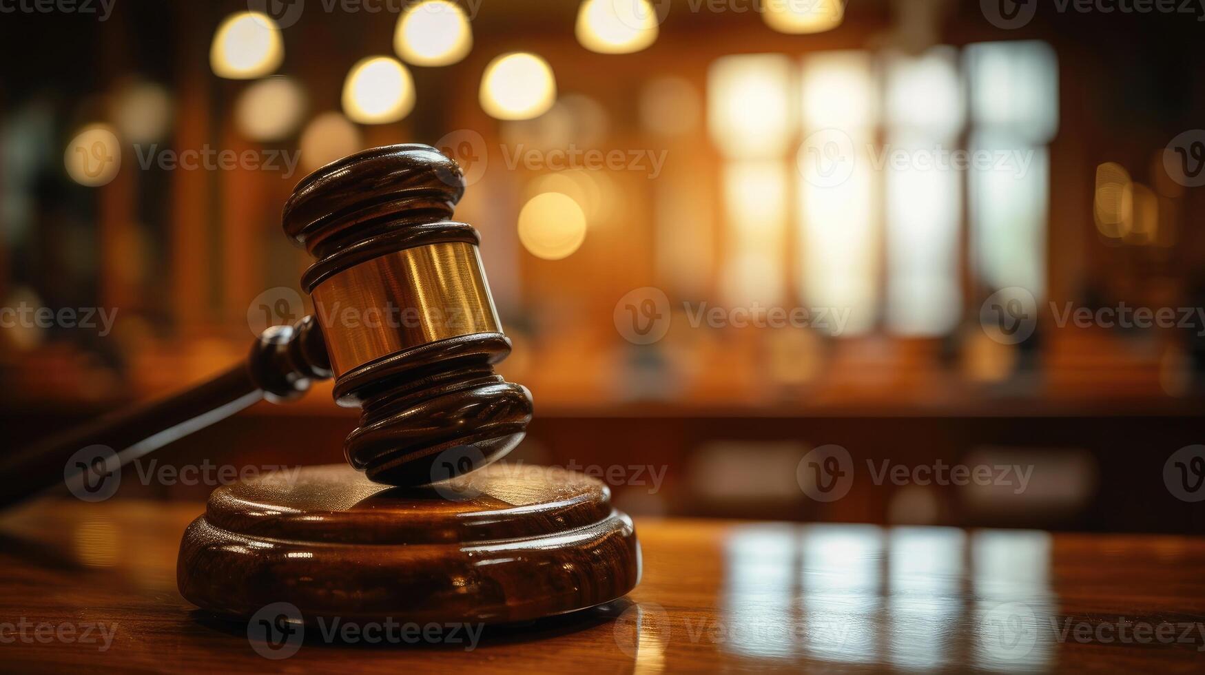 AI generated Gavel in bokeh background symbolizes authority in lawyer's realm. Ai Generated. photo