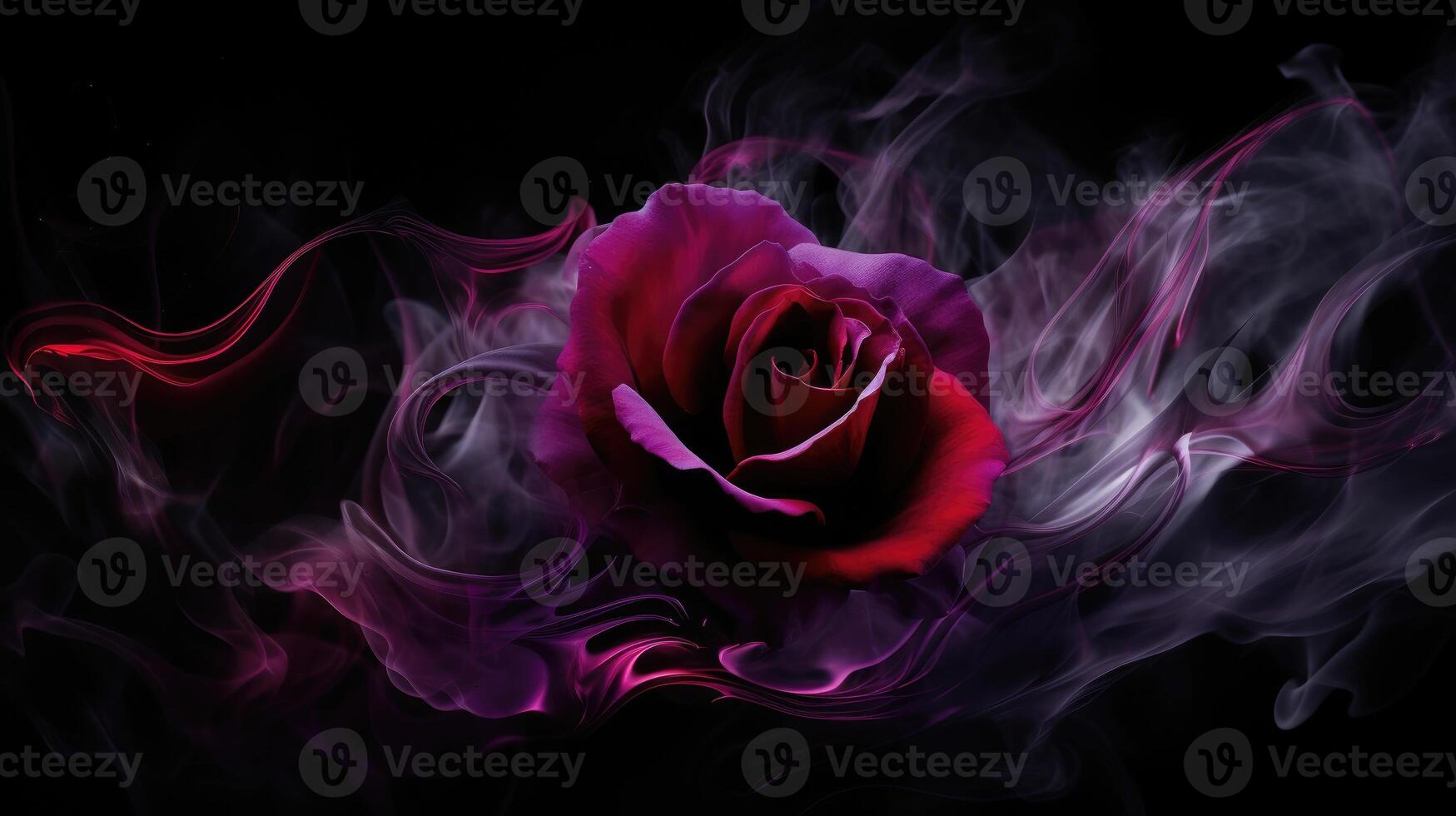 ai generado un púrpura Rosa envuelto en rojo fumar remolino, creando un cautivador escena en un negro antecedentes. ai generado. foto