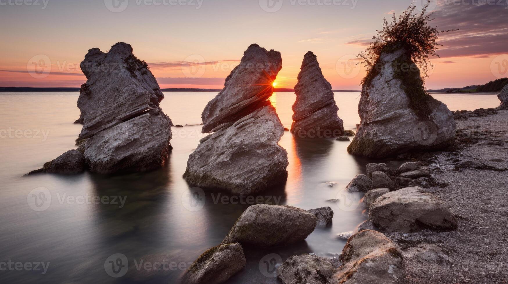 AI generated Stones rest in the lake, embraced by the gentle hues of sunrise in a captivating landscape. Ai Generated. photo