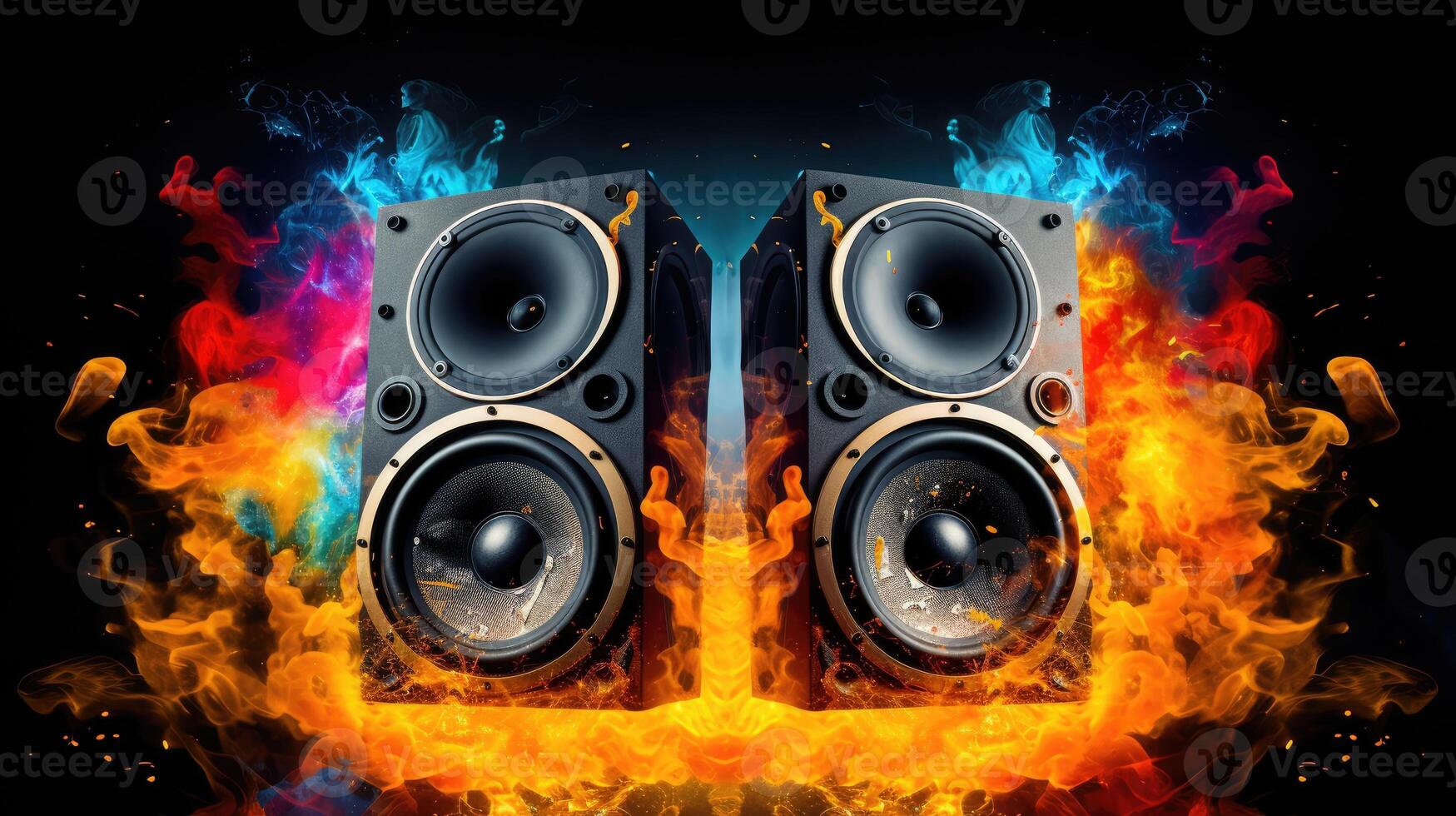 AI generated Epic speakers engulfed in flames and smoke amidst music symbols on vibrant background. Ai Generated. photo