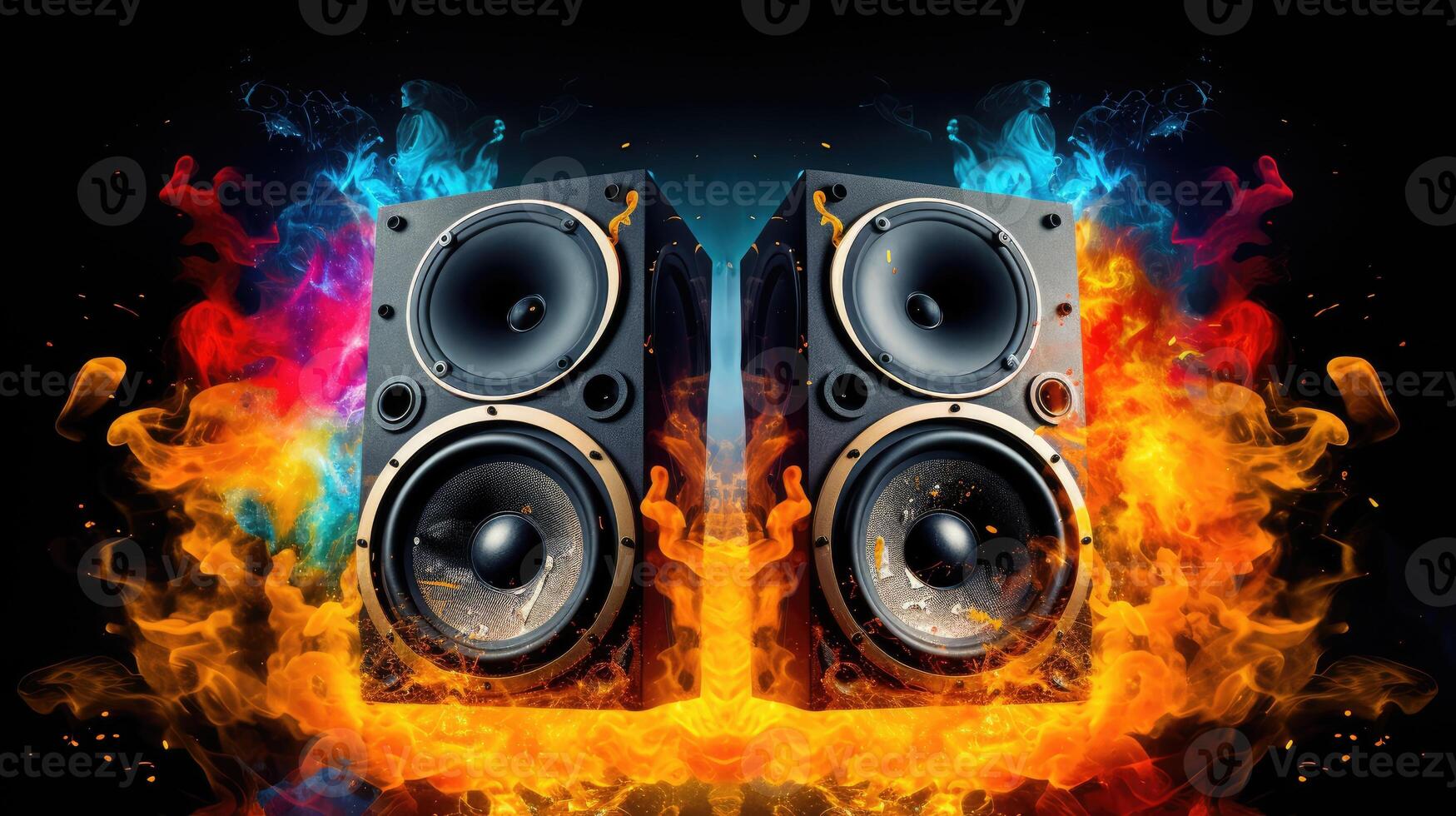 AI generated Epic speakers engulfed in flames and smoke amidst music symbols on vibrant background. Ai Generated. photo