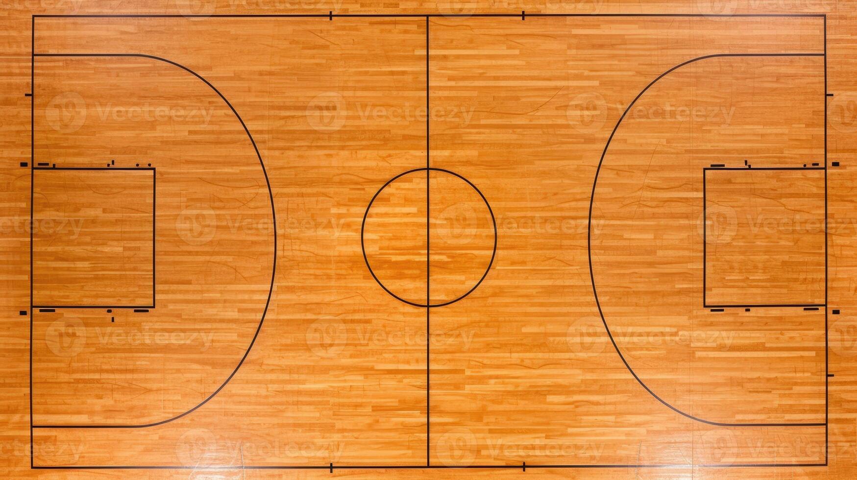 AI generated A maple basketball court floor is seen from a top perspective, showcasing its iconic texture. Classic, Ai Generated. photo