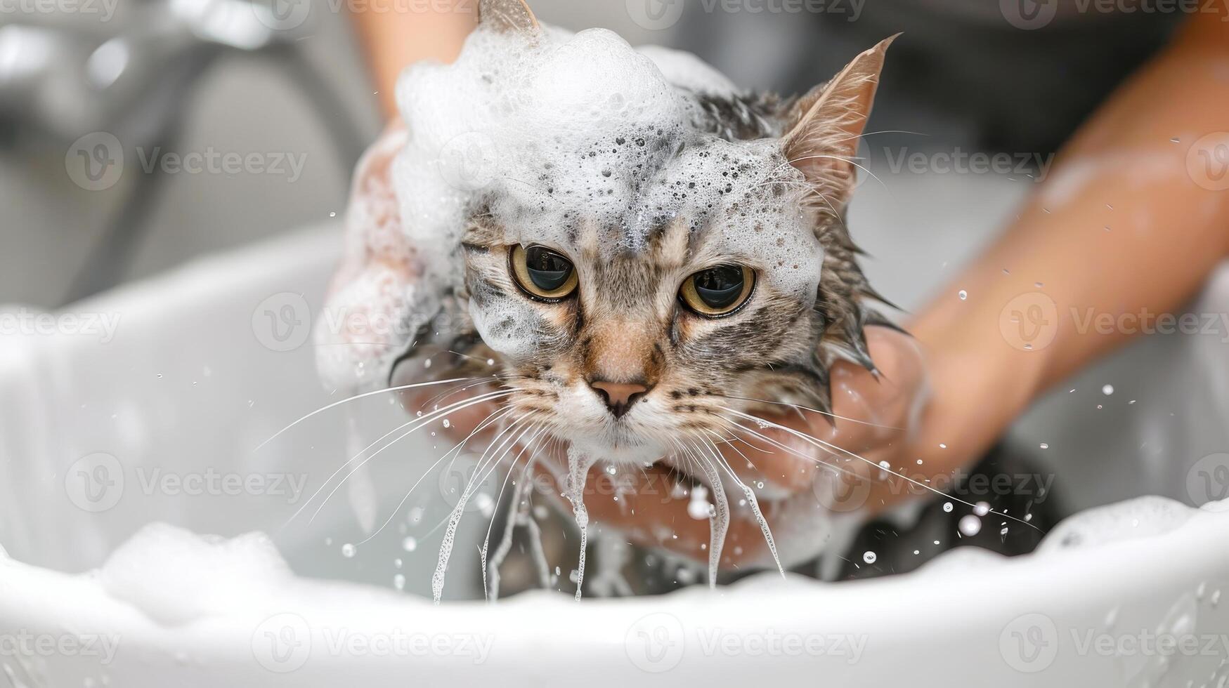 AI generated Funny wet cat gets a bath from a girl, a playful scene filled with feline antics, Ai Generated. photo