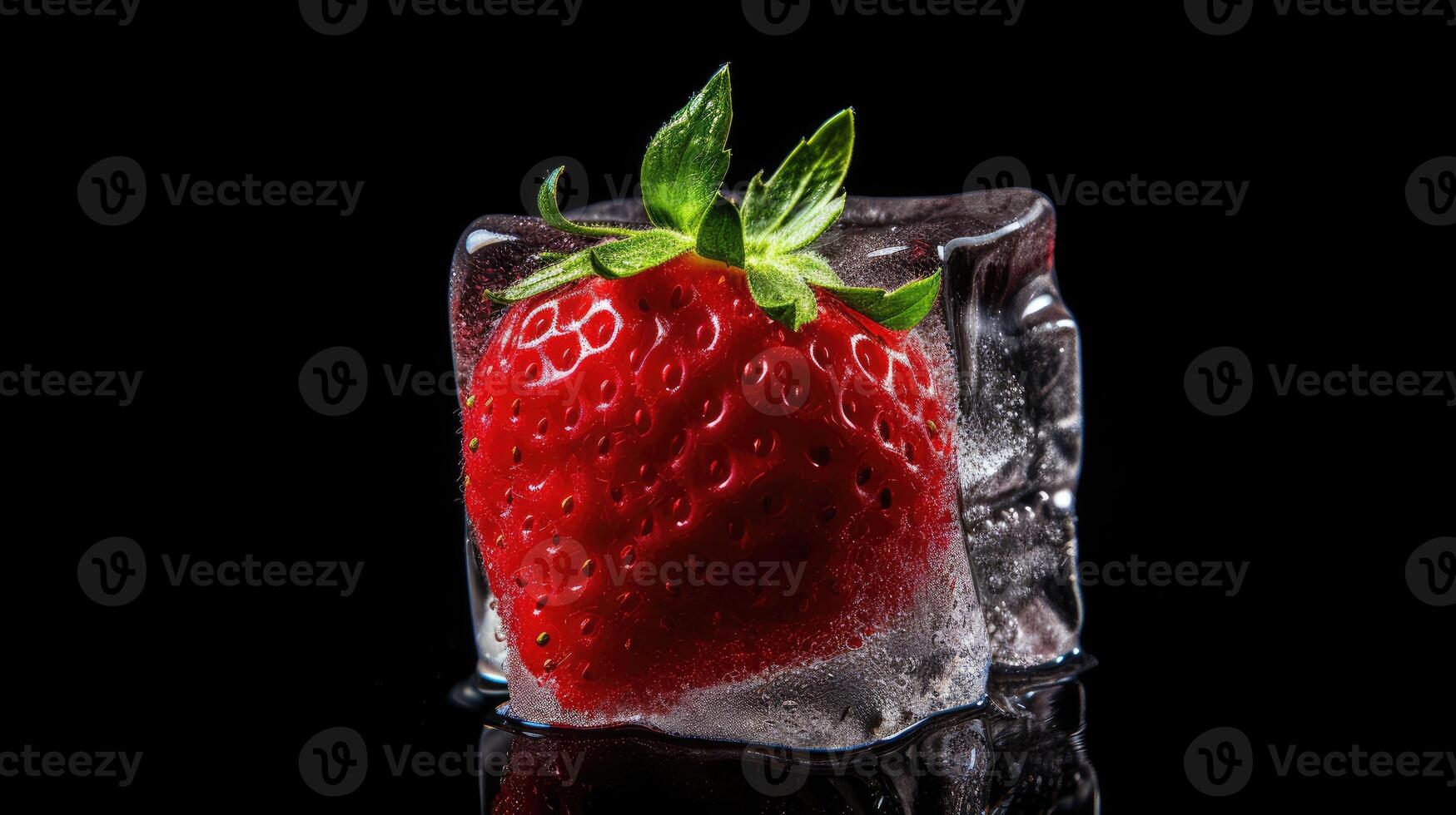 AI generated Strawberry frozen in an ice cube, glistening against a sleek black background, Ai Generated. photo