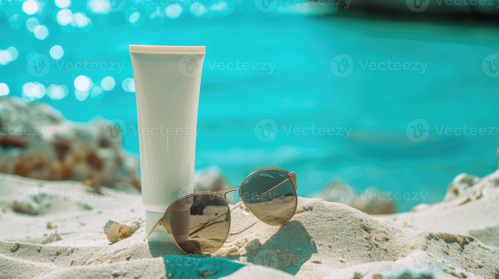AI generated Summer scene sunscreen lotion rests on sandy beach beside stylish sunglasses. Ai Generated photo