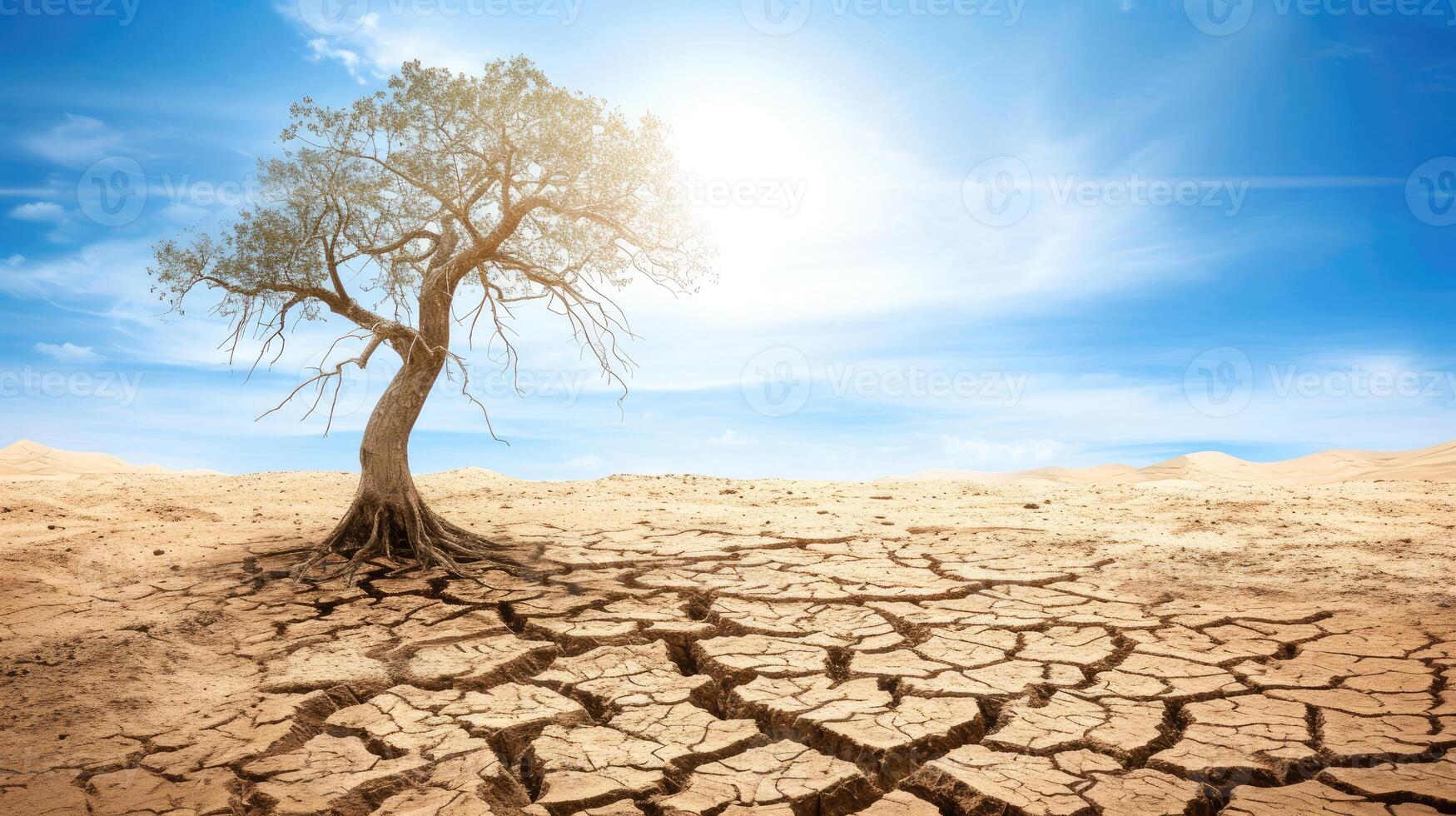 AI generated A desolate scene unfolds - dry cracked land, a dead tree echoes global warming, Ai Generated. photo