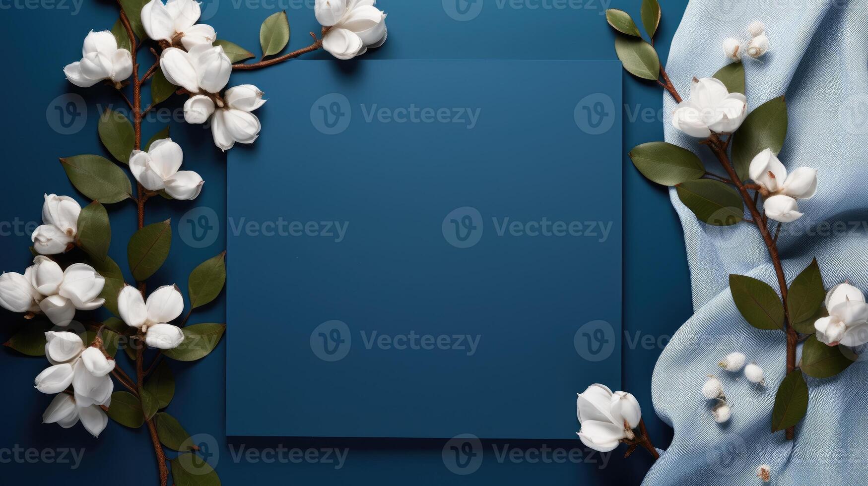 AI generated Sophisticated blue invitation card mockup framed by white flowers. Ai Generated photo