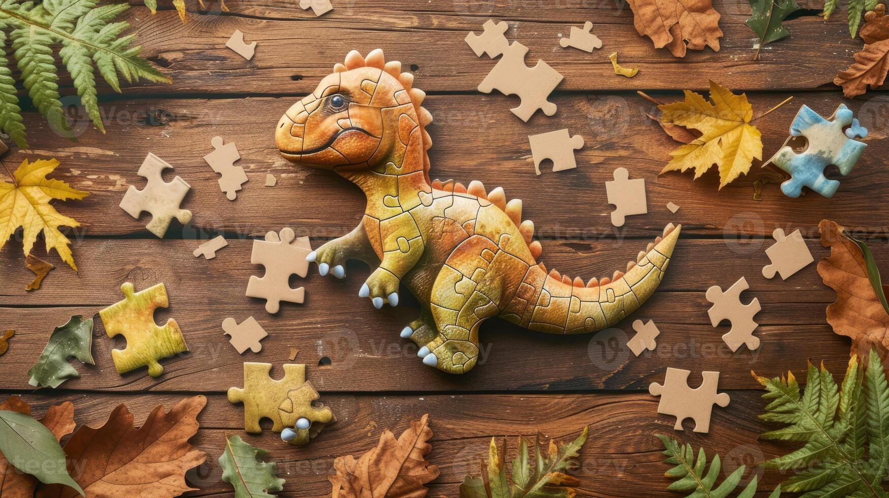 AI generated Cute dinosaur engrossed in a jigsaw puzzle, adding a whimsical touch, Ai Generated. photo