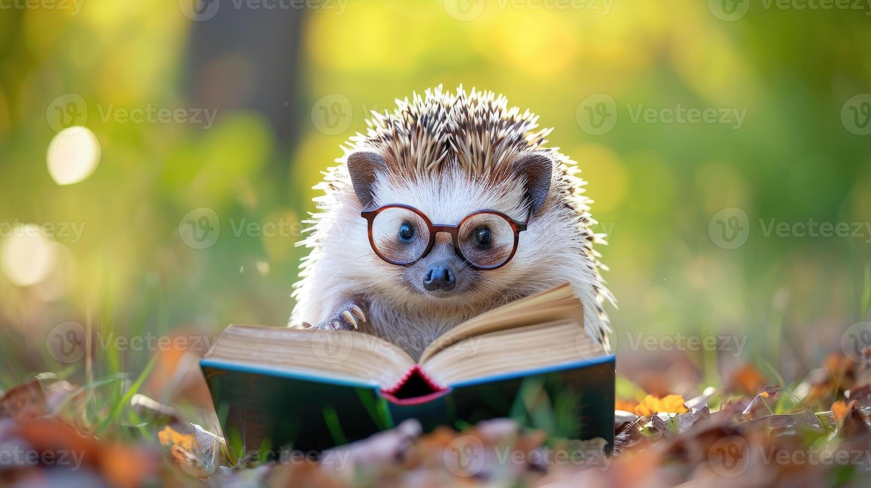 AI generated A cute hedgehog dons glasses, engrossed in a book. Ai Generated. photo