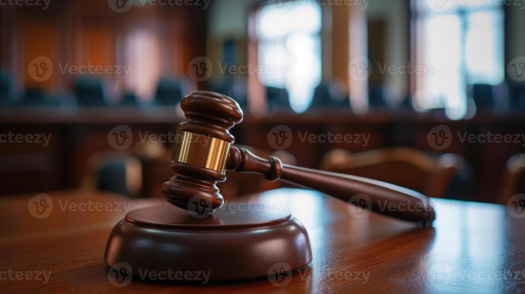 AI generated Judge's gavel rests atop a table in the solemn setting of a courtroom, symbolizing authority and justice. Ai Generated. photo