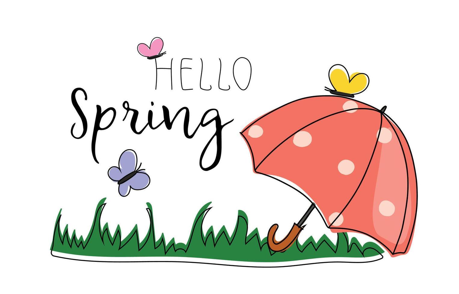 Cute spring illustration with grass, umbrella and butterflies. Spring bright banner, poster, background, offer. Hello spring colorful banner isolated on white background vector