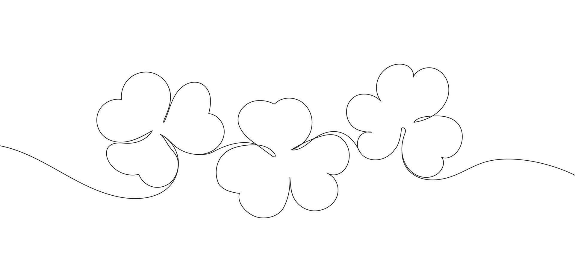 Three clovers contour vector illustration. Good luck floral symbol isolated on white background. Saint Patrick's Day banner continuous line art . Three Shamrock outline.