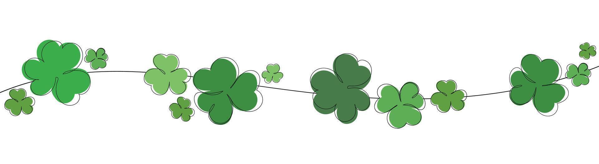 Lucky green clover for Irish festival St Patrick s day. Outline shamrock. Clover border divider line. St Patrick's day background with shamrock. Green beads with clover leaf, border, banner vector