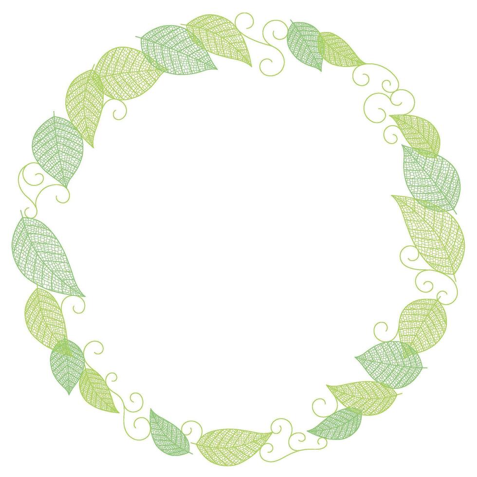 Vector Round Frame Illustration With Leaf Veins Silhouette Pattern Isolated On A White Background.