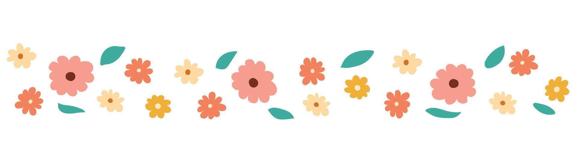 Simple flowers border for mail list, card, banner, invitation. Spring flowers and leaves seamless border pattern. Colorful garden flowers in a row. Floral illustration isolated on white background. vector