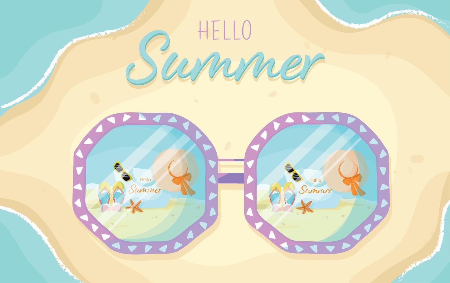 Hola verano antecedentes con Gafas de sol en mar playa. brillante verano bandera para playa recurso día festivo. Gafas de sol en el arena, brillante verano antecedentes vector
